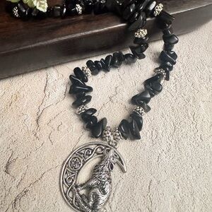 Black Agate Wolf Pendant Necklace